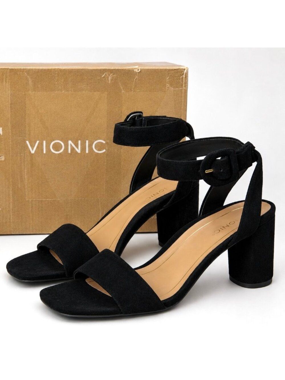 Vionic Zinfandel Supportive Black Waxed Suede Leather Block Heel Sandal Women 9